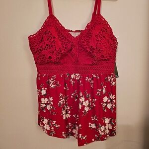 No Boundaries Red Floral Crochet Babydoll Hem Top Womens XL 15 17